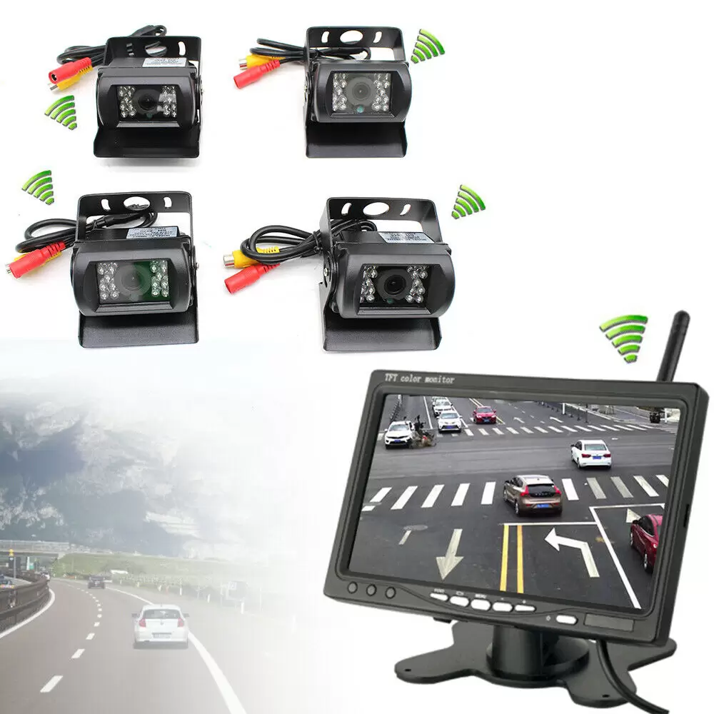 Monitor de 7 pulgadas + 4 cámaras de seguridad inalámbricas, visión nocturna, cámara de marcha atrás para RV camión