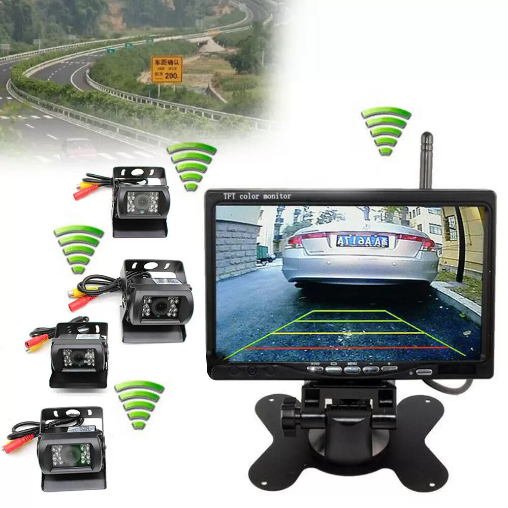 Monitor de 7 pulgadas + 4 cámaras de seguridad inalámbricas, visión nocturna, cámara de marcha atrás para RV camión