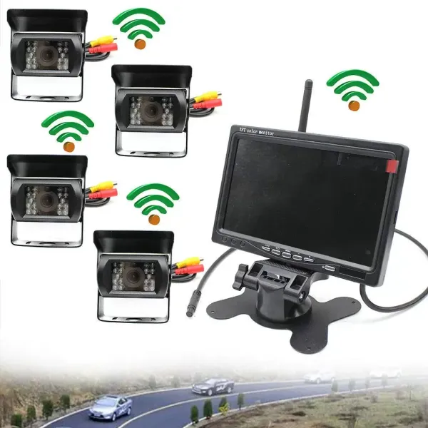 Monitor de 7 pulgadas + 4 cámaras de seguridad inalámbricas, visión nocturna, cámara de marcha atrás para RV camión Monitor de 7 pulgadas + 4 cámaras de seguridad inalámbricas, visión nocturna, cámara de marcha atrás para RV camión