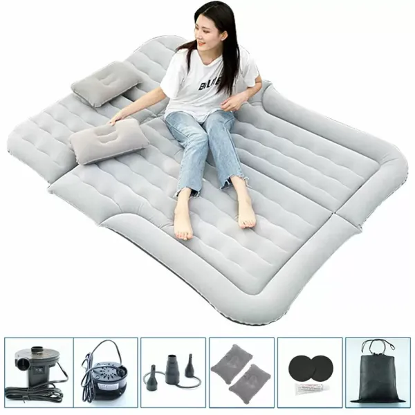 Colchón de aire inflable Asiento trasero de cama de aire con bomba eléctrica,almohadilla de dormir portátil con flocado para acampar de viaje (gris)