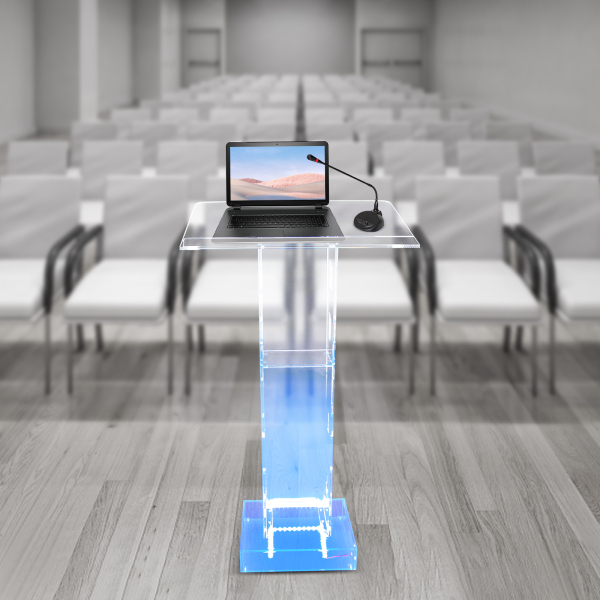 Podio de acrílico transparente Podio independiente portátil con luz LED Podio de acrílico transparente Podio independiente portátil con luz LED