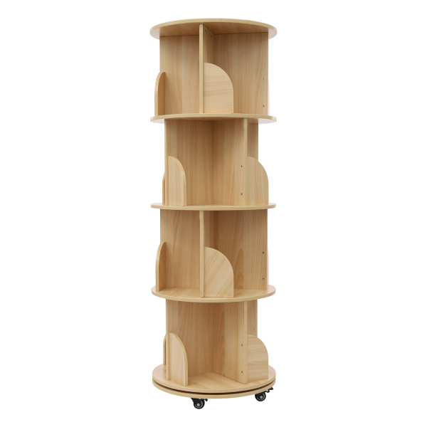 Estantería giratoria de madera de 4 capas con fondo redondo y ruedas