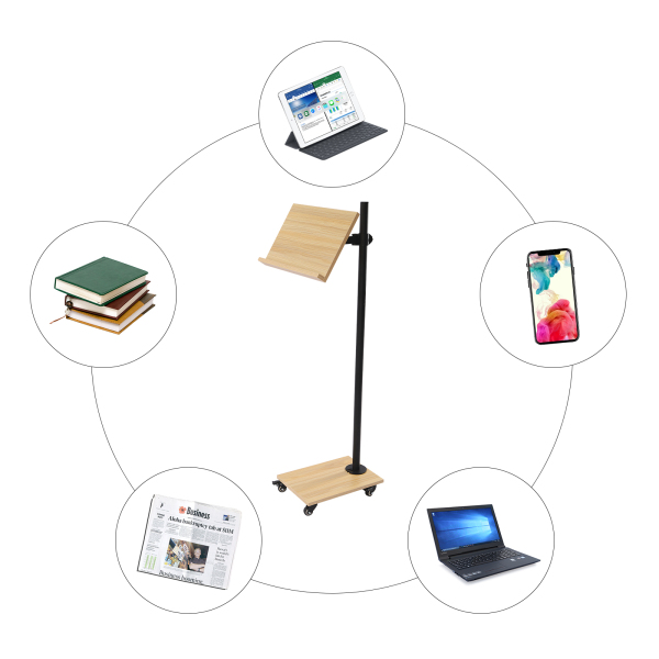 Atril rodante con ruedas y estructura de metal resistente para libros de lectura, altura ajustable, giro de 180 grados