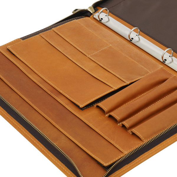 12,9" Carpeta de cuero tipo portafolios, carpeta con cremallera para currículum para hombres, para cartas/bloc de notas A4, marrón