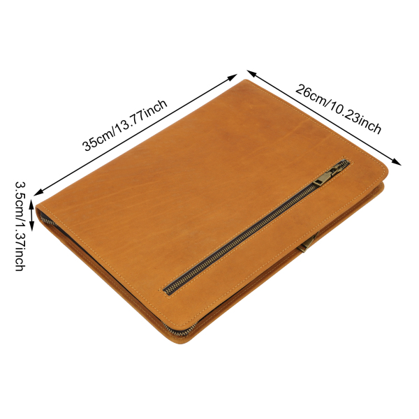 12,9" Carpeta de cuero tipo portafolios, carpeta con cremallera para currículum para hombres, para cartas/bloc de notas A4, marrón