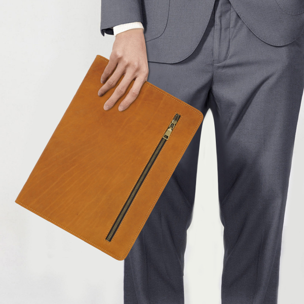 12,9" Carpeta de cuero tipo portafolios, carpeta con cremallera para currículum para hombres, para cartas/bloc de notas A4, marrón