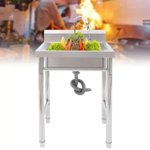 Fregadero de acero inoxidable de 93 x 61 x 60 cm, móvil, Centro de fregadero de cocina individual derecha escurridor, 1 cuenco, para cocina, exterior