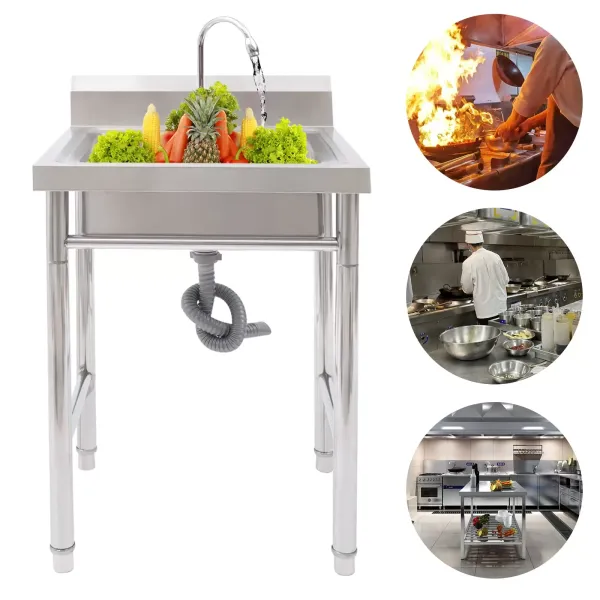 Fregadero de acero inoxidable de 93 x 61 x 60 cm, móvil, Centro de fregadero de cocina individual derecha escurridor, 1 cuenco, para cocina, exterior