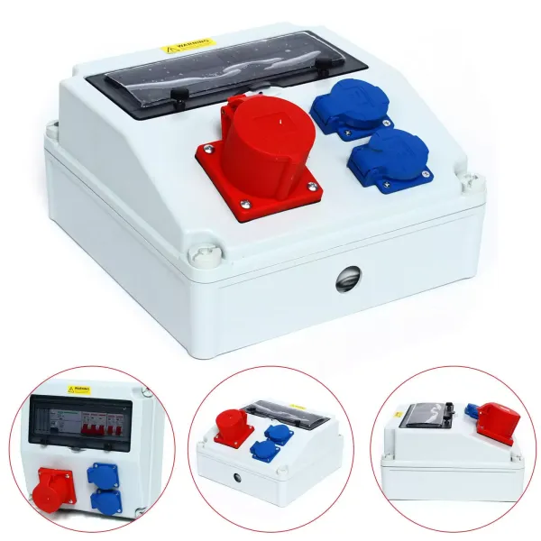 Distribuidor de pared, CEE 16 A, azul 230 V + 2 rojos, enchufe CEE 400 V, interruptor de protección FI, distribuidor de corriente