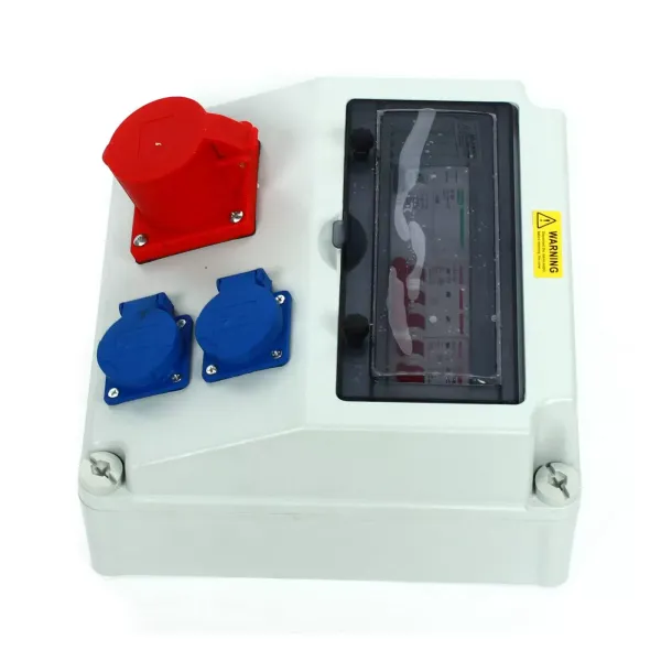Distribuidor de pared, CEE 16 A, azul 230 V + 2 rojos, enchufe CEE 400 V, interruptor de protección FI, distribuidor de corriente