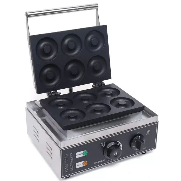 Donutmaker con 6 agujeros, antiadherente de doble cara y almohadilla antideslizante para los pies, de acero inoxidable, aluminio fundido, 220 V