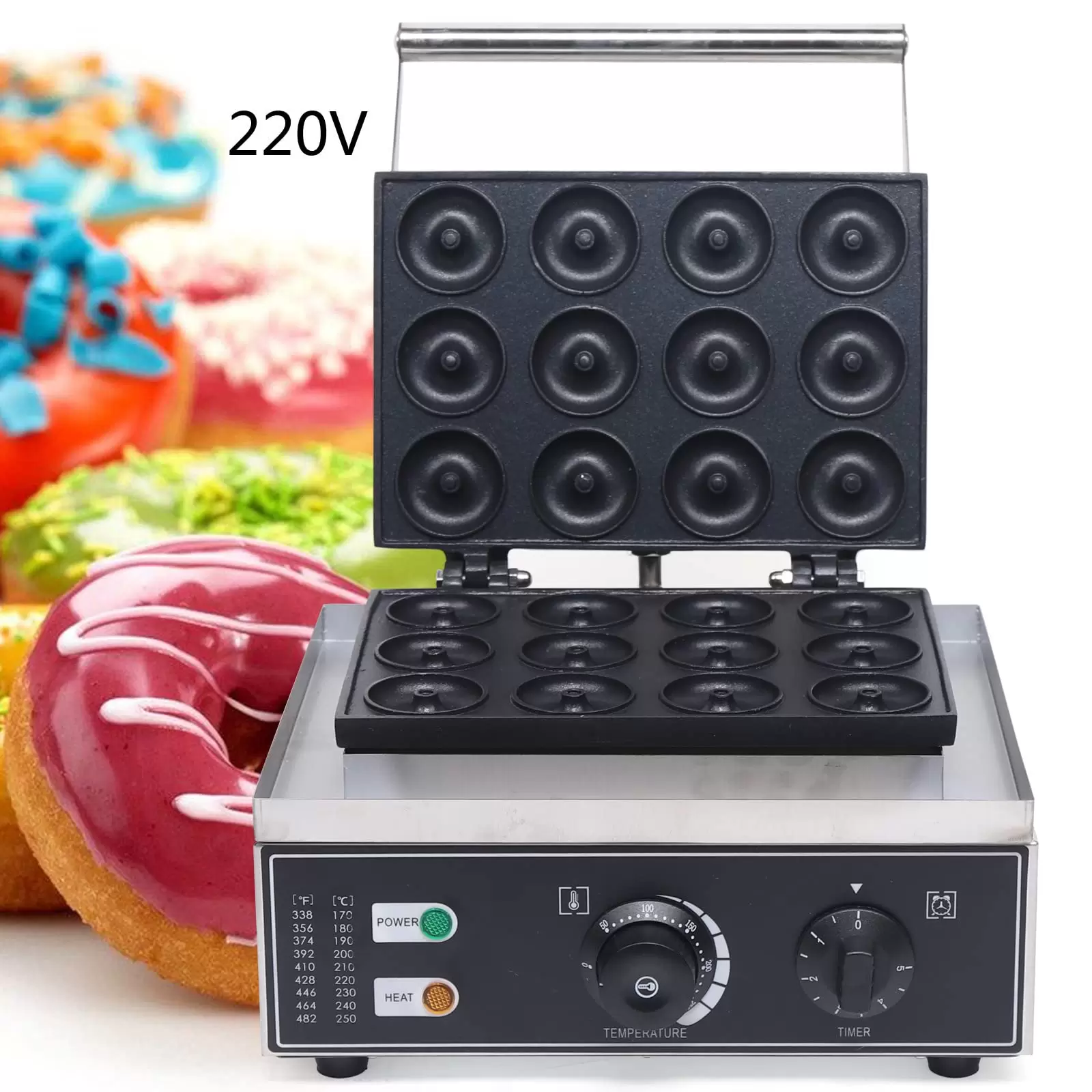 Máquina eléctrica para hacer donuts (220 V, 1500 W, antiadherente, 12 unidades, 5 cm)
