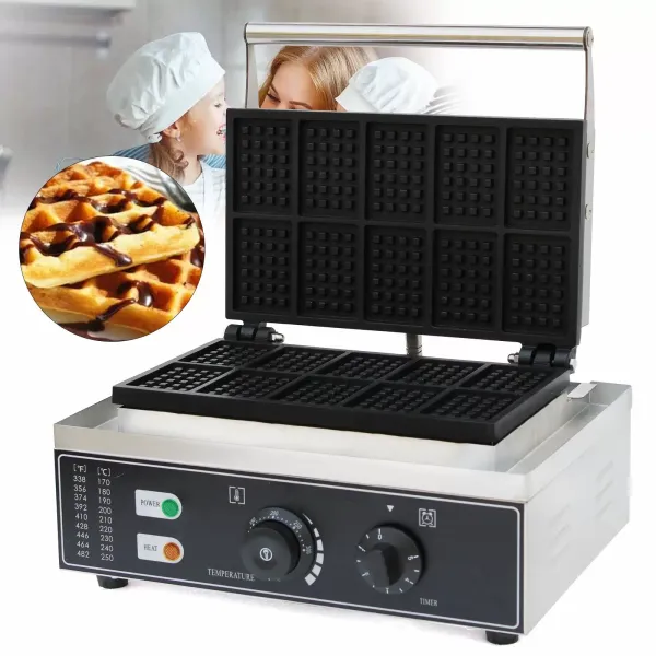 Gofrera eléctrica comercial de acero inoxidable con 10 rejillas, 220 V, 1500 W, con revestimiento antiadherente, 50 ~ 300 Celsius Gofrera eléctrica comercial de acero inoxidable con 10 rejillas, 220 V, 1500 W, con revestimiento antiadherente, 50 ~ 300 Celsius