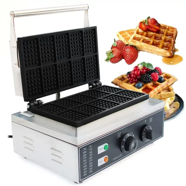 Gofrera eléctrica comercial de acero inoxidable con 10 rejillas, 220 V, 1500 W, con revestimiento antiadherente, 50 ~ 300 Celsius