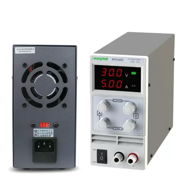 Fuente de alimentación para laboratorio, regulable, 0-30 V, 0-5 A, con cable de alimentación y cable de salida.