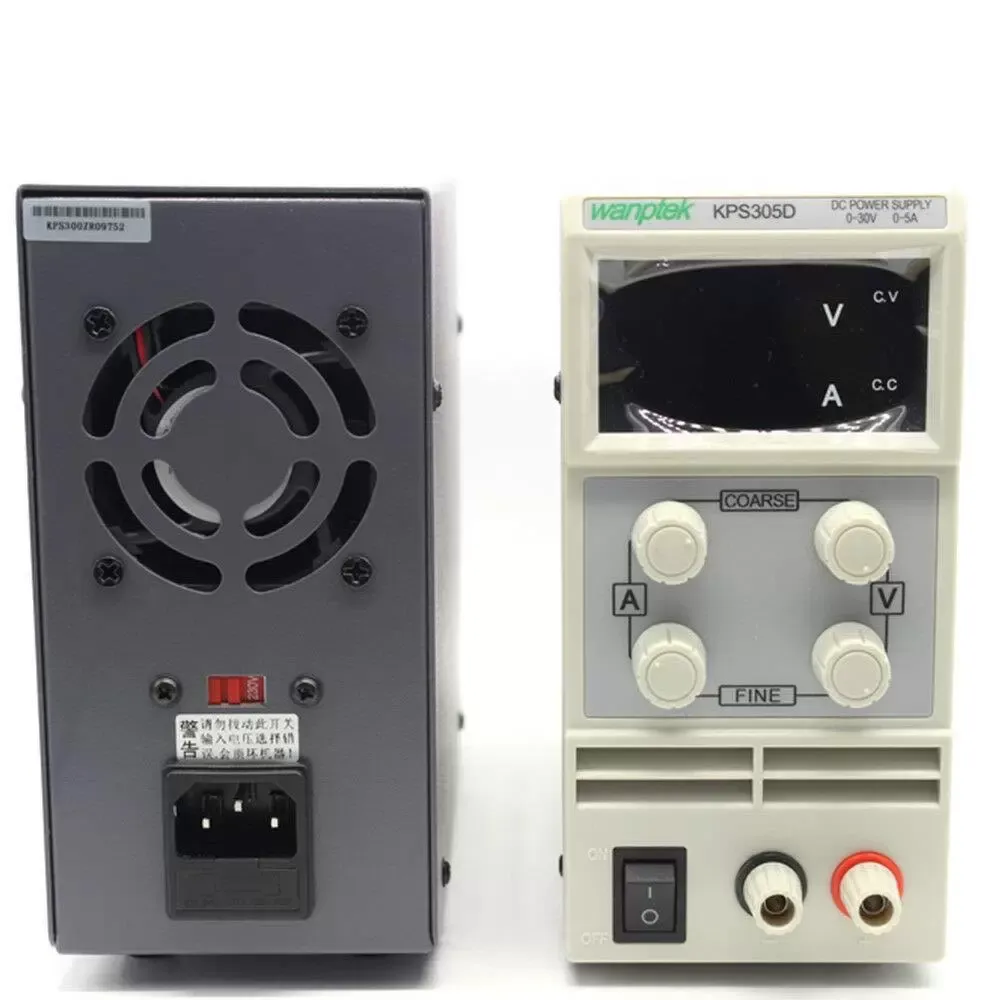 Fuente de alimentación para laboratorio, regulable, 0-30 V, 0-5 A, con cable de alimentación y cable de salida.