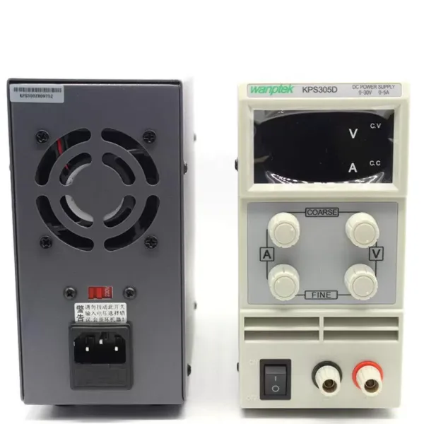 Fuente de alimentación para laboratorio, regulable, 0-30 V, 0-5 A, con cable de alimentación y cable de salida.