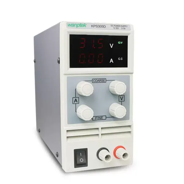 Fuente de alimentación para laboratorio, regulable, 0-30 V, 0-5 A, con cable de alimentación y cable de salida.