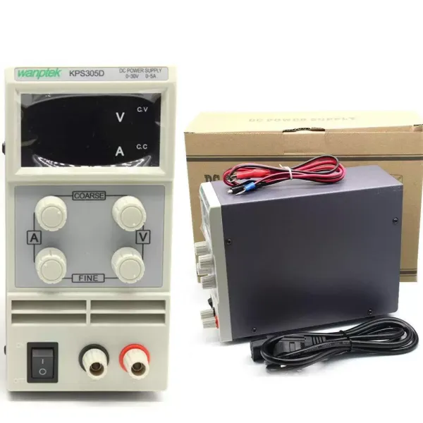 Fuente de alimentación para laboratorio, regulable, 0-30 V, 0-5 A, con cable de alimentación y cable de salida.