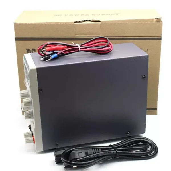 Fuente de alimentación para laboratorio, regulable, 0-30 V, 0-5 A, con cable de alimentación y cable de salida.