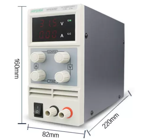 Fuente de alimentación para laboratorio, regulable, 0-30 V, 0-5 A, con cable de alimentación y cable de salida.