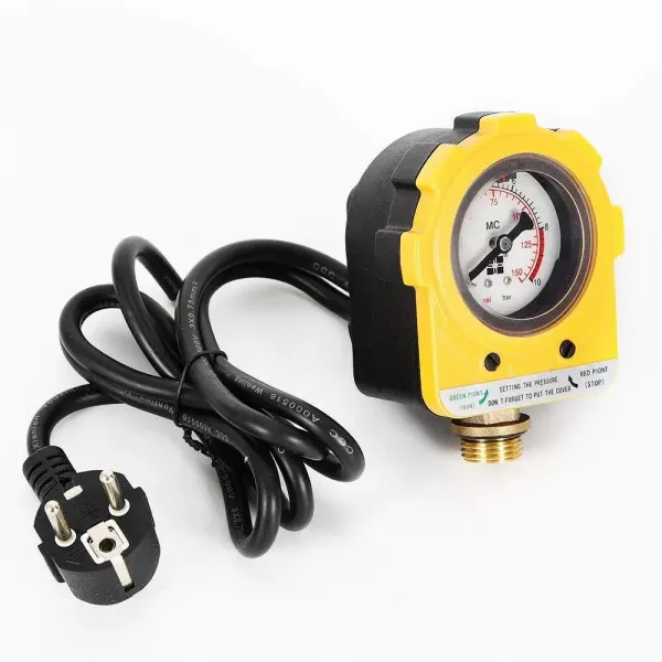 Control automático de la bomba con protección contra marcha en seco y manómetro, interruptor de presión hasta 10 bar (amarillo). Control automático de la bomba con protección contra marcha en seco y manómetro, interruptor de presión hasta 10 bar (amarillo).