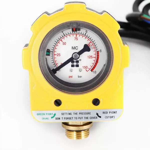 Control automático de la bomba con protección contra marcha en seco y manómetro, interruptor de presión hasta 10 bar (amarillo).