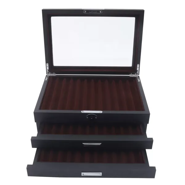 Caja de madera para lápices con 34 compartimentos, caja de almacenamiento con vitrina, 3 capas, pluma estilográfica