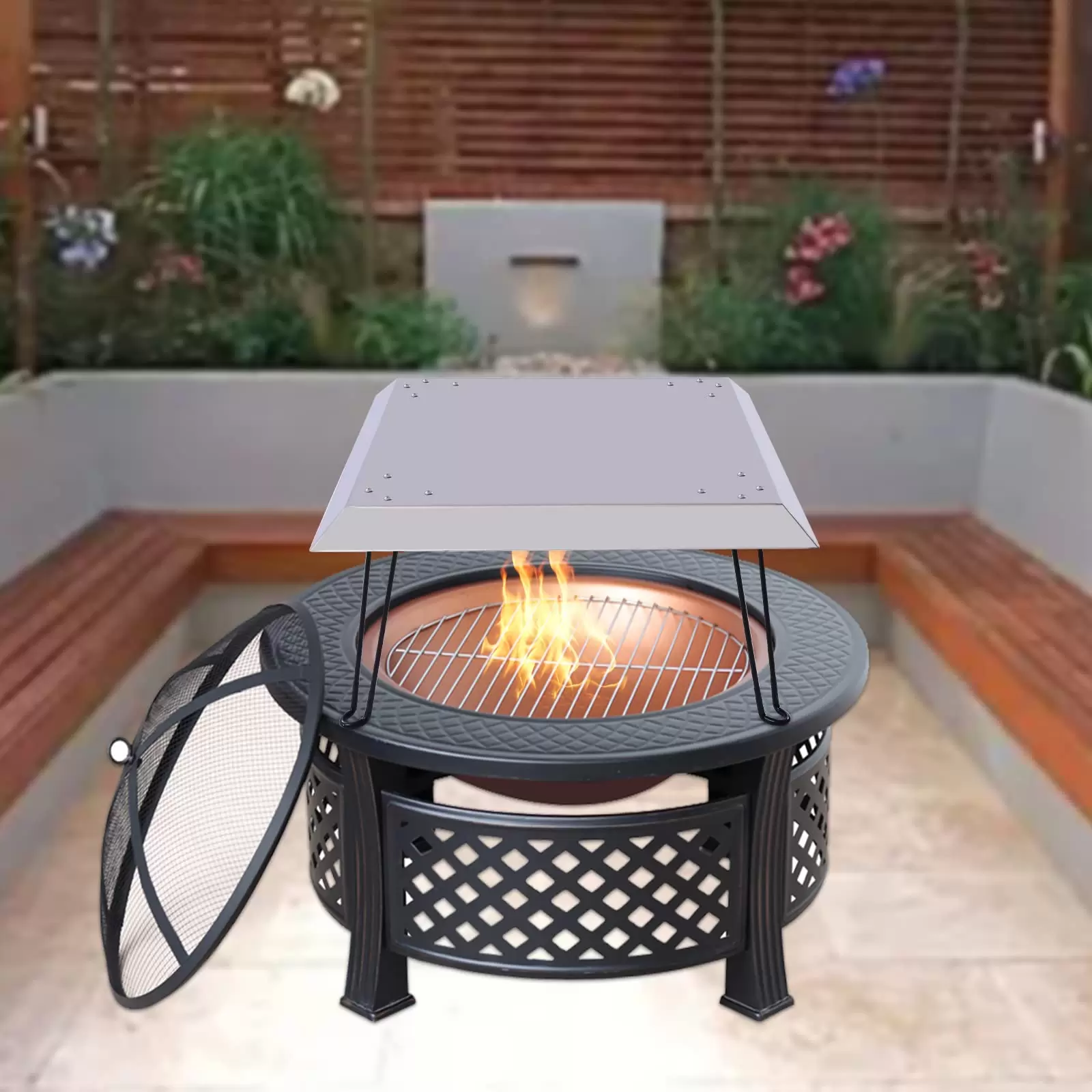 Cuencos de fuego para el jardín Accesorios para la hoguera,cubierta aislante cuadrada plegable para la hoguera con mango (63,5 x 63,5 x 30,5 cm)