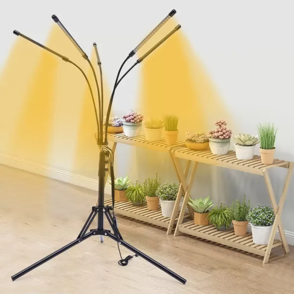 Luces de cultivo para plantas de interior con soporte, 5 tubos, lámpara LED de espectro completo con temporizador, brillo regulable, control remoto