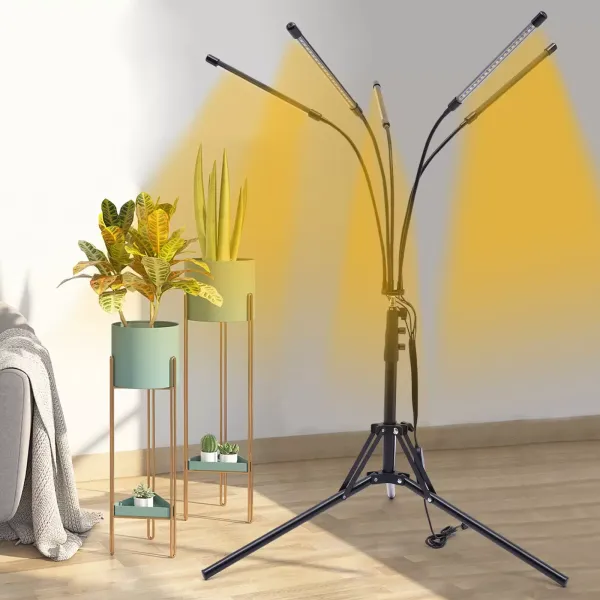 Luces de cultivo para plantas de interior con soporte, 5 tubos, lámpara LED de espectro completo con temporizador, brillo regulable, control remoto