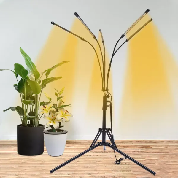 Luces de cultivo para plantas de interior con soporte, 5 tubos, lámpara LED de espectro completo con temporizador, brillo regulable, control remoto