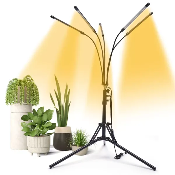 Luces de cultivo para plantas de interior con soporte, 5 tubos, lámpara LED de espectro completo con temporizador, brillo regulable, control remoto