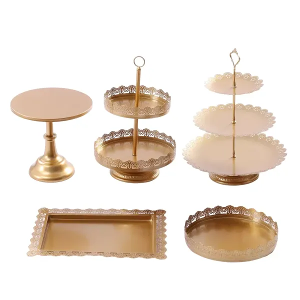 Juego de soporte para tartas de oro redondo de metal, soporte para tartas de postre, para fiestas de cumpleaños, bodas(5 unidades)