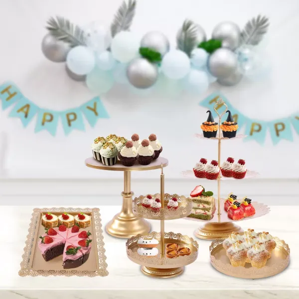 Juego de soporte para tartas de oro redondo de metal, soporte para tartas de postre, para fiestas de cumpleaños, bodas(5 unidades)