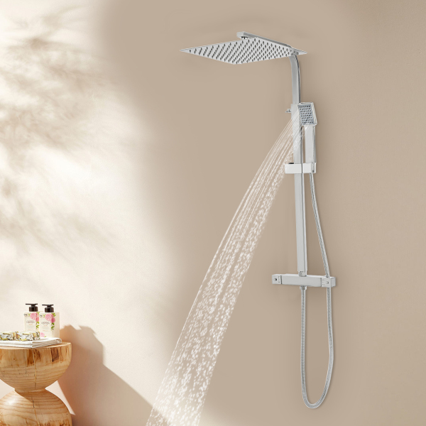 CNCEST Ducha mezcladora termostática de 2 vías, acabado cromado expuesto, alcachofa de ducha de lluvia, 30 cm, cuadrada, extensible, montaje en pared