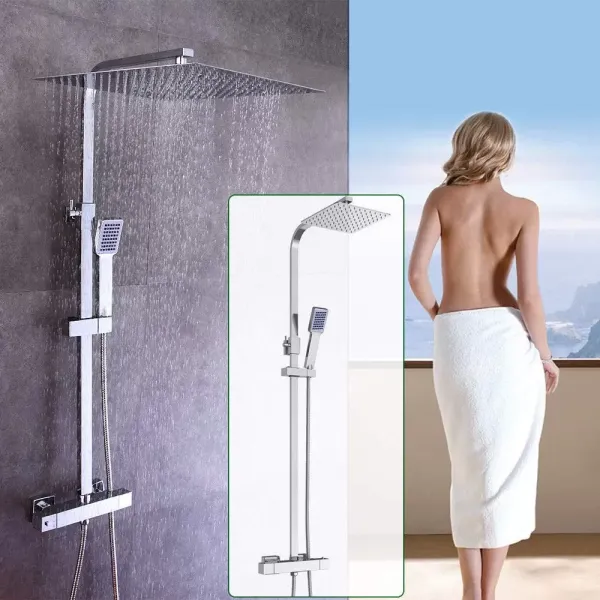 CNCEST Ducha mezcladora termostática de 2 vías, acabado cromado expuesto, alcachofa de ducha de lluvia, 30 cm, cuadrada, extensible, montaje en pared