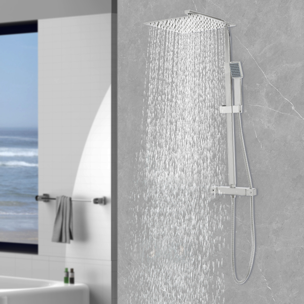 CNCEST Ducha mezcladora termostática de 2 vías, acabado cromado expuesto, alcachofa de ducha de lluvia, 30 cm, cuadrada, extensible, montaje en pared