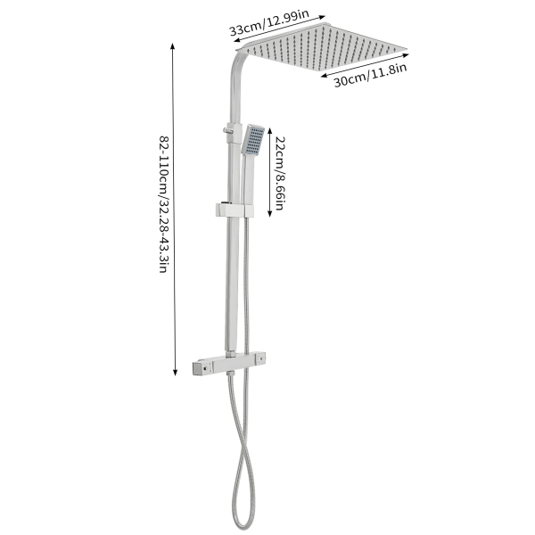 CNCEST Ducha mezcladora termostática de 2 vías, acabado cromado expuesto, alcachofa de ducha de lluvia, 30 cm, cuadrada, extensible, montaje en pared