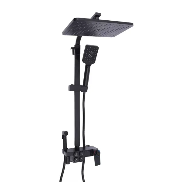Juego de grifería para ducha con pantalla LED (30 cm, acero inoxidable, termostato, columna de ducha con ducha de lluvia), color negro