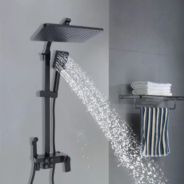 Juego de grifería para ducha con pantalla LED (30 cm, acero inoxidable, termostato, columna de ducha con ducha de lluvia), color negro