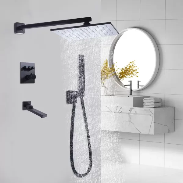 Sistema de ducha termostático, negro, 30 x 35,7 cm, juego de ducha con cabezal de ducha, ducha de mano, latón para bañeras