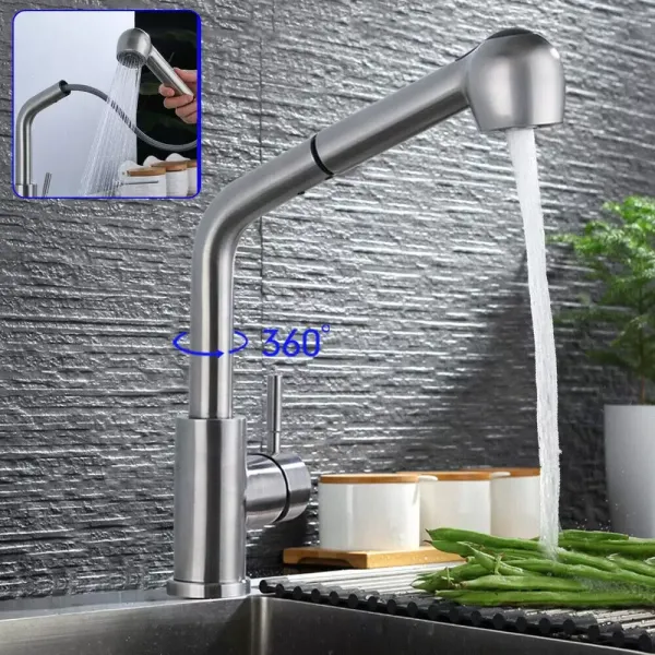 Grifo de cocina giratorio 360°, extensible, de acero inoxidable, con ducha, para cocina