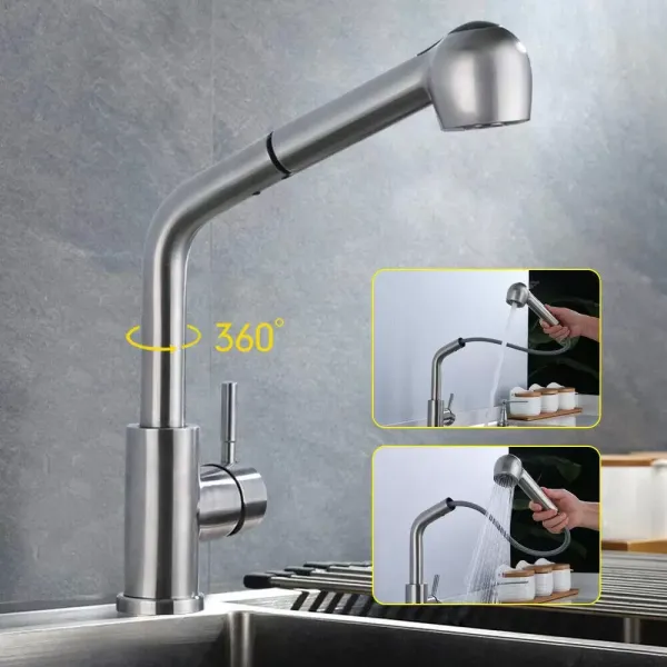 Grifo de cocina giratorio 360°, extensible, de acero inoxidable, con ducha, para cocina Grifo de cocina giratorio 360°, extensible, de acero inoxidable, con ducha, para cocina