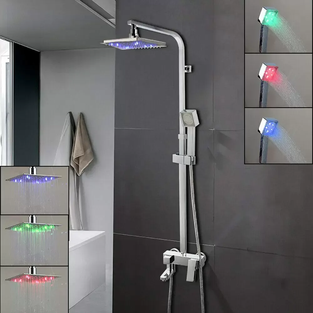 Set de ducha LED con alcachofa de ducha con grifo mezclador de mano en tres colores, altura regulable