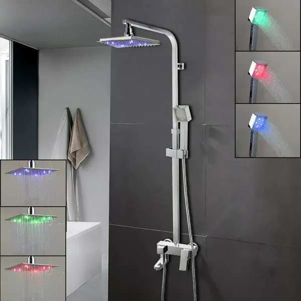 Set de ducha LED con alcachofa de ducha con grifo mezclador de mano en tres colores, altura regulable Set de ducha LED con alcachofa de ducha con grifo mezclador de mano en tres colores, altura regulable