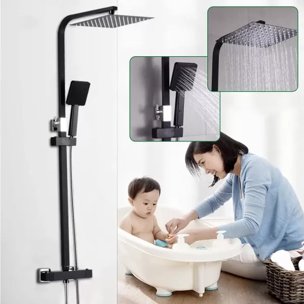 Sistema de ducha con termostato, color negro mate, ducha de lluvia cuadrada, juego de ducha con barra de ducha ajustable