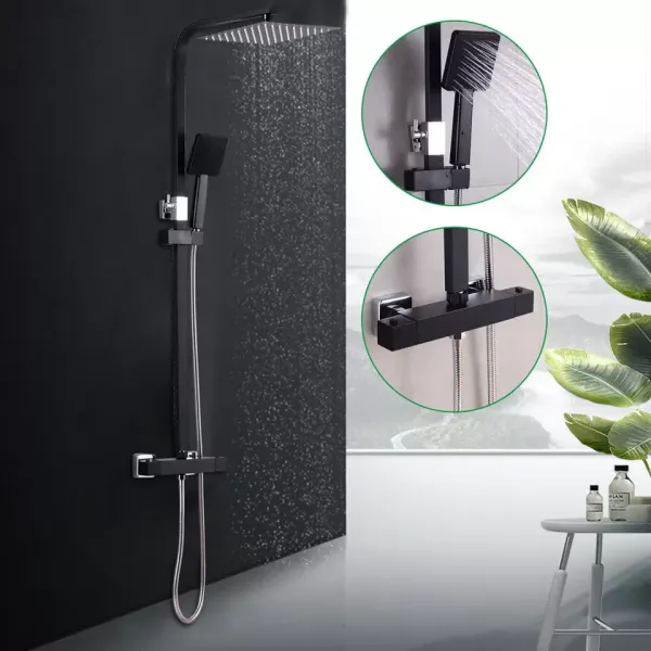 Sistema de ducha con termostato, color negro mate, ducha de lluvia cuadrada, juego de ducha con barra de ducha ajustable