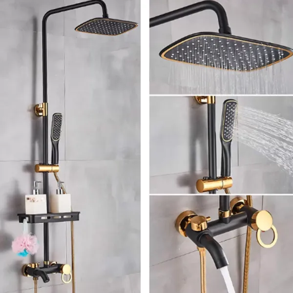 Sistema de ducha con grifo 20 cm, ducha de lluvia con grifo, alcachofa de ducha de 8 pulgadas y alcachofa de mano, 3 funciones, negro y dorado