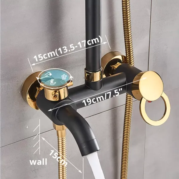 Sistema de ducha con grifo 20 cm, ducha de lluvia con grifo, alcachofa de ducha de 8 pulgadas y alcachofa de mano, 3 funciones, negro y dorado